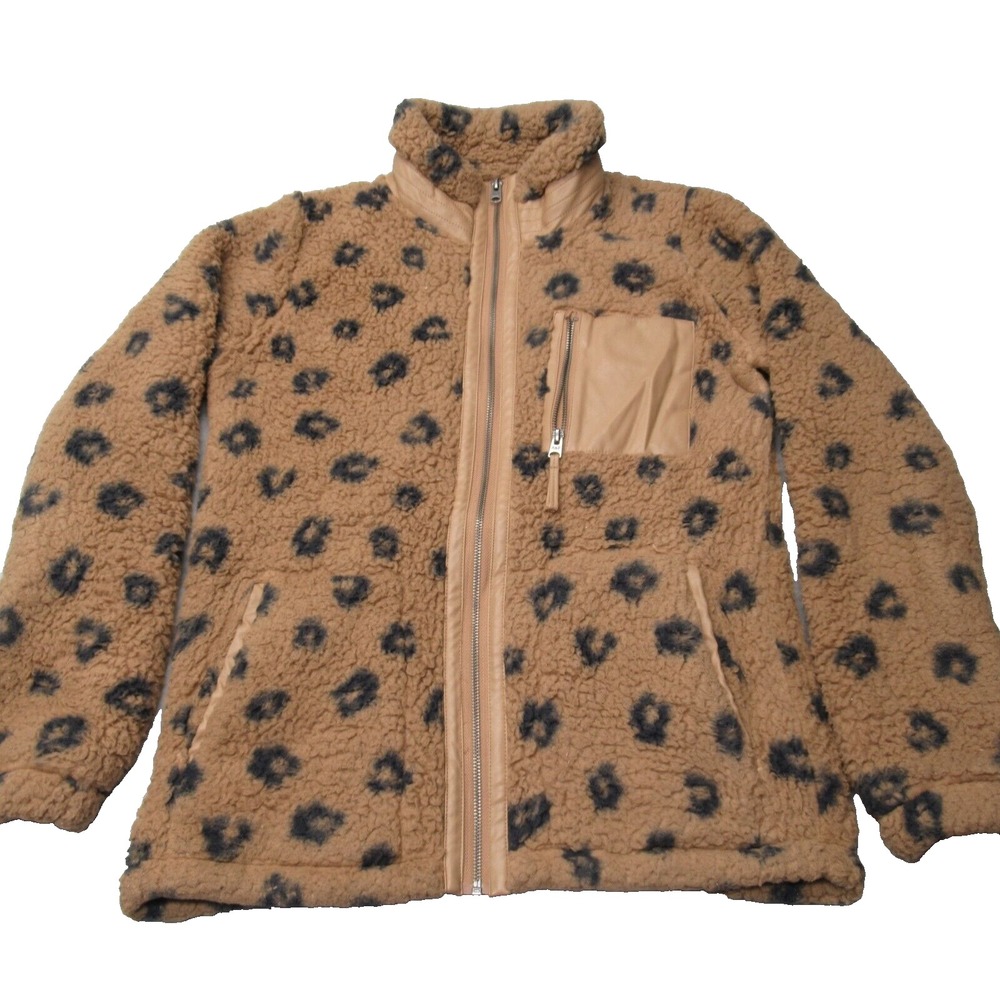 Abercrombie & Fitch Jacket Fleece Womens Small Brown Leopard Sherpa Full Zip